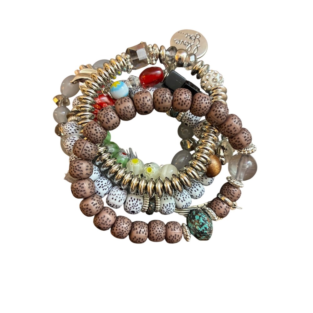 Boho Beaded Stretch Bracelet Set 5pc Silver Tone Charms Tassel Cross Wing Heart